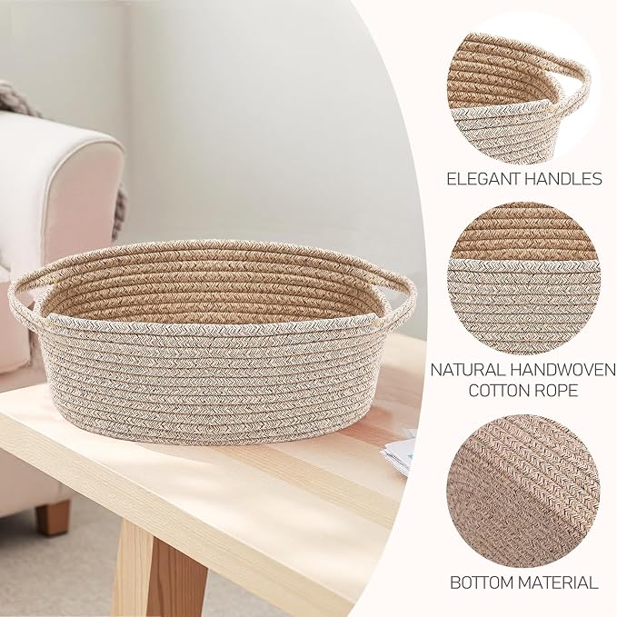 JMvicyroam Small Woven Basket, Empty Gift Basket, Oatmeal/3 Pack | Small Gift Basket, Cotton Rope, 12 x 8 x 14 in, Handles, Includes Ribbon and Bag, Birthday Gift Basket