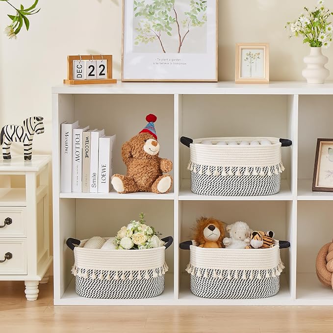 Storage Basket, Woven Baskets for Shelves, White/Black | 3 Pack Boho Cotton Rope Storage Baskets, 14" x 9" x 8", Home Organizer for Nursery, Holds Toys, Books & Towels