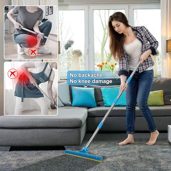3 in 1 Carpet Rake for Pet Hair Removal, Reusable Pet Hair Remover Broom, 60'' Adjustable Long Handle Dog and Cat Hair Remover Tool Set of 3, Lint Remover Scraper for Carpets, Rugs, Mats, Couch, Car