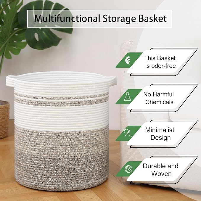 OIAHOMY 58L Laundry Baskets-Laundry Hamper, Storage Basket with Handles, Decorative Basket for Living room, Woven Storage Basket for Toys Bin, Pillows, Blankets, Clothes-18x16in-Gradient Brown | Tall Dirty Clothes Hamper with Handle,Blanket Basket,Deco...