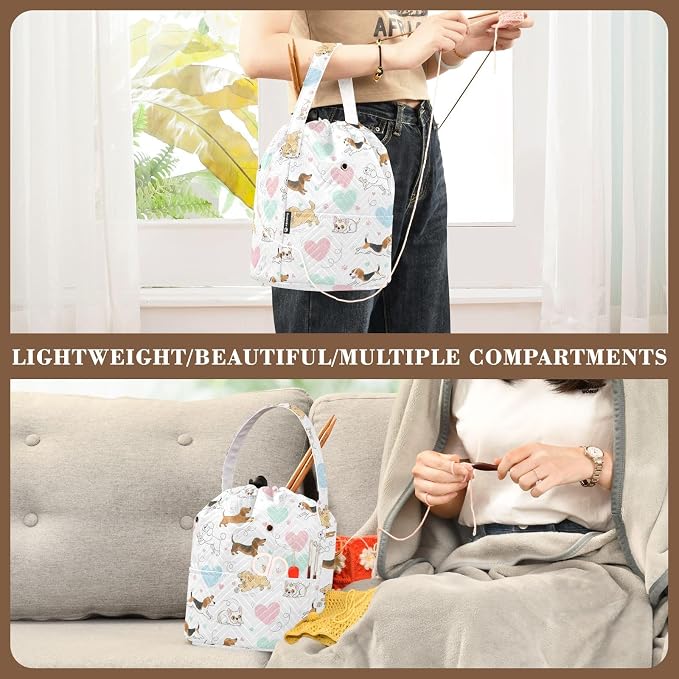 Cute Pets White Dogs Crochet Bag Organizer Portable Yarn Storage Bags with Handle Yarn Holder Small Crochet Accessories Knitting Bag for Knitting Kit Supplies Travel
