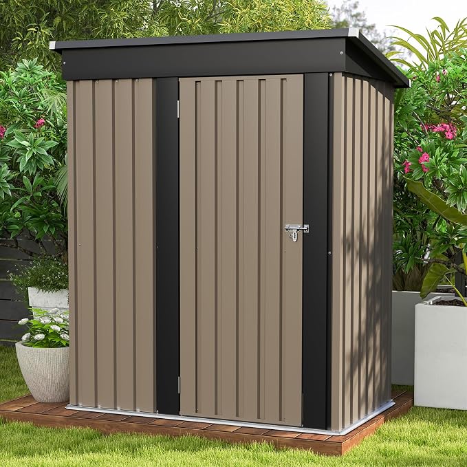 Patiowell 5x3 FT Outdoor Storage Shed, Brown | Tool Shed, Sloping Roof, Lockable Door, Metal Shed for Backyard Garden Patio Lawn