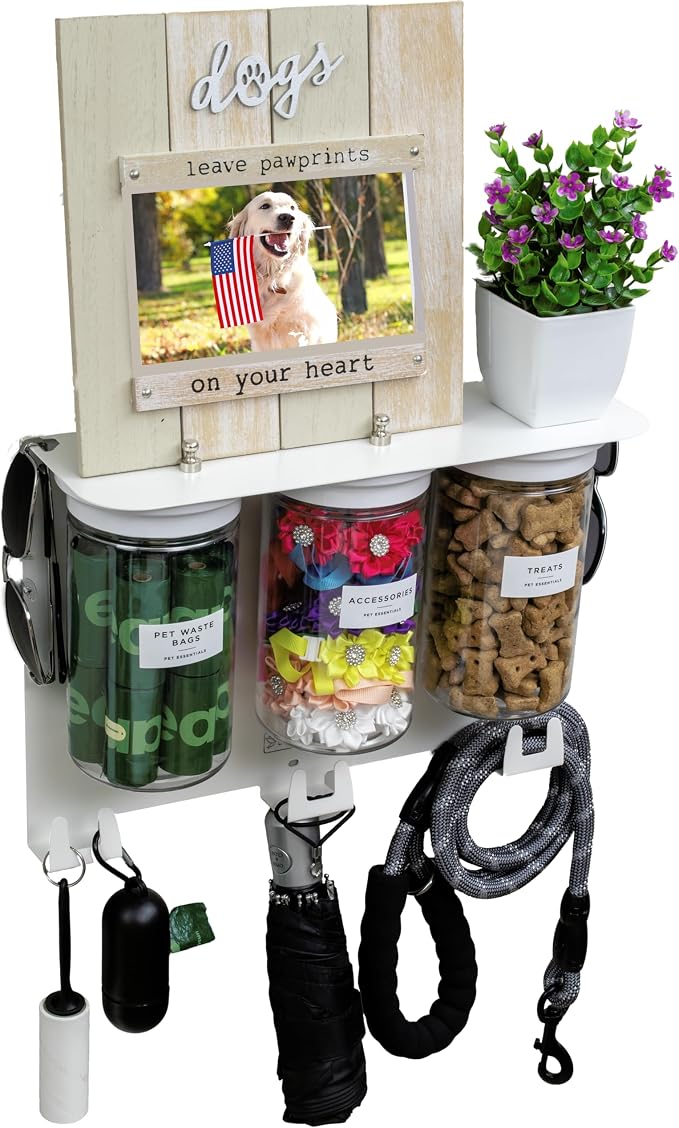 Dog Leash Holder for Wall with Shelf — Wall Mounted Dog Treat Holder & Station, 3 Large Airtight 32oz Treat Containers, 9 Hooks, Patented Lidless Slide-to-Seal Jars, Solid Steel, Made in USA