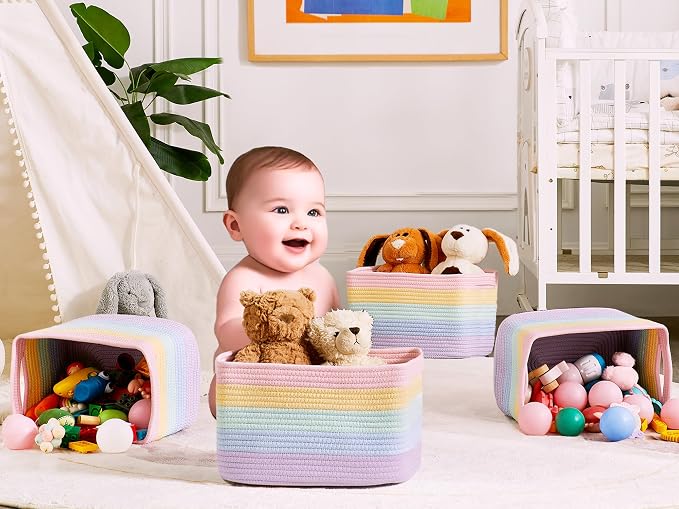 Rainbow Rope Basket for Shelves Storage Bins for Toys 4 Pack | Woven Rectangle Storage Basket for Baby Girl Nursery Toy Storage for Playroom, Classroom, or Girls' Room 12.7"L x 9"W x 7.8"H