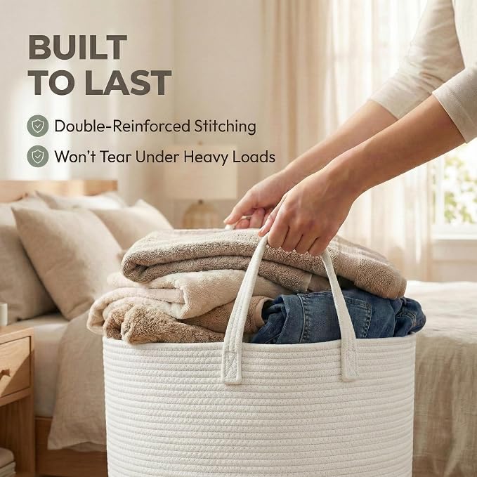 JMvicyroam 65L Extra Large Machine Washable Cotton Rope Blanket Basket | Collapsible laundry hamper, Reinforced handles, For blankets, pillows, toys and clothes, Living room and bedroom, White