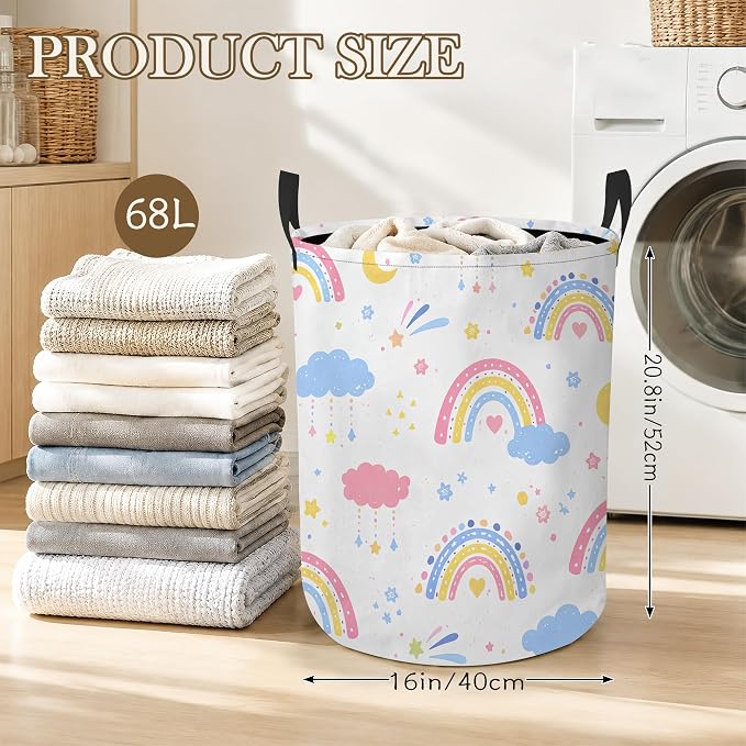 Rainbow Clouds Laundry Basket, Foldable Oxford Cloth Moon Stars Laundry Hamper with Handles, Tote Bag Clothes Storage Bucket for Laundry Room/Bathroom/Bedroom/Dormitories 20.8"x16"