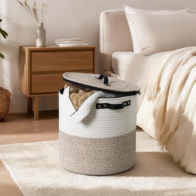 Storage Basket with Lid, 15"x13" Round Woven Blanket Storage for Living Room, Decorative Cotton Rope Hamper with Zipper Top, Wicker Basket with Lid, Floor Covered Kids Dog Toy Bin