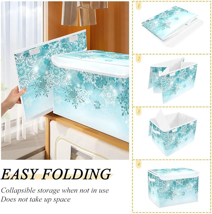 Senya Collapsible Storage Bins with Lids, Silver Winter Teal Turquoise Snowflakes Christmas Storage Boxes Clothes Baskets for Organizing