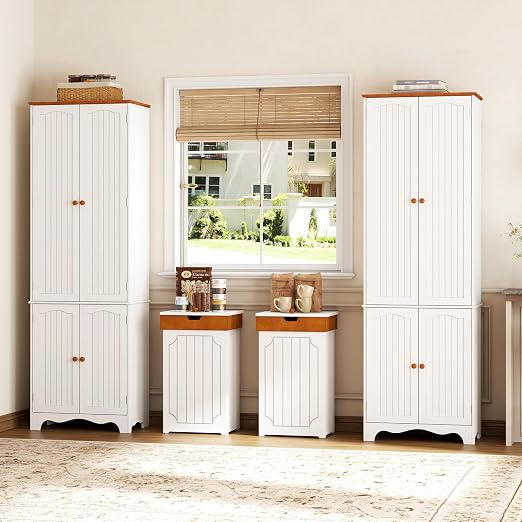 Function Home Trash Can Cabinet, 13 Gallon Kitchen Garbage Can, Wood Recycling Trash Bin, Freestanding Dog Proof Trash Can, Farmhouse Trash Cabinet with Lid for Home Kitchen Bathroom, White