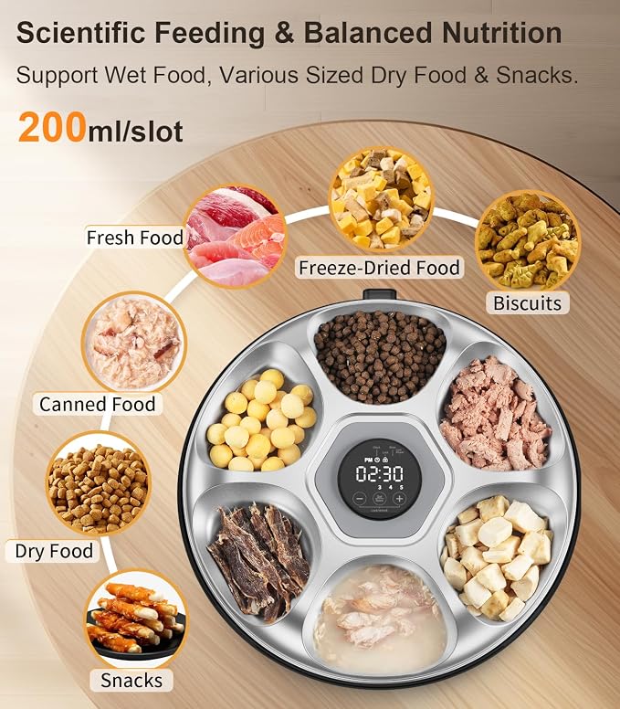Casfuy Automatic Cat Feeder Cordless - Automatic Cat Food Dispenser with Stainless Steel Tray for Wet Food Rechargeable Auto Feeder for Cats Small Dogs with Programmable Timer Low Battery Indicator