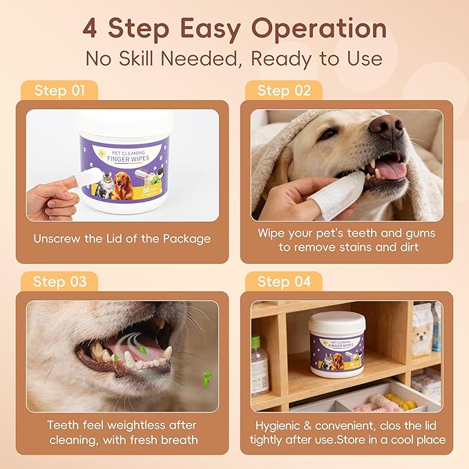 Dog Teeth Cleaning Wipes, 60 Pcs Pet Dental Cleaning Finger Wipes Tooth Brushing Kit for Dogs Cats Plaque Tartar Remove, Dog Healthy Mouth Toothbrush Finger Wipe for Pets Oral Care, Coconut Oil
