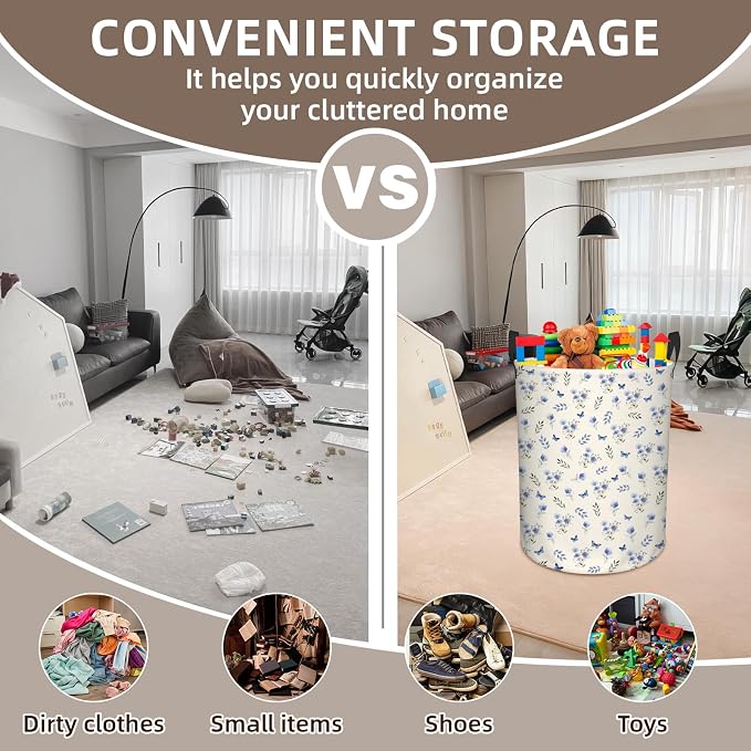 Flower Laundry Hamper, Waterproof Collapsible Laundry Basket for Bedroom, 43L Round Nursery Hamper Storage Bin with Handles for Toys, Storage Basket for Women Girls, Room Decor, 13.8x17.7 in