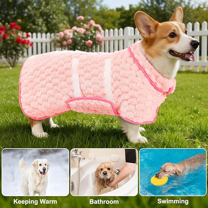 Glittme Dog Bathrobe for Drying Dogs, Super Absorbent Fleece Dog Towel Robe, Adjustable Dry Coat for Large Medium Small Dogs, Warm Pet Drying Vest for After Bath, Swimming, Muddy Walks & Car Travel