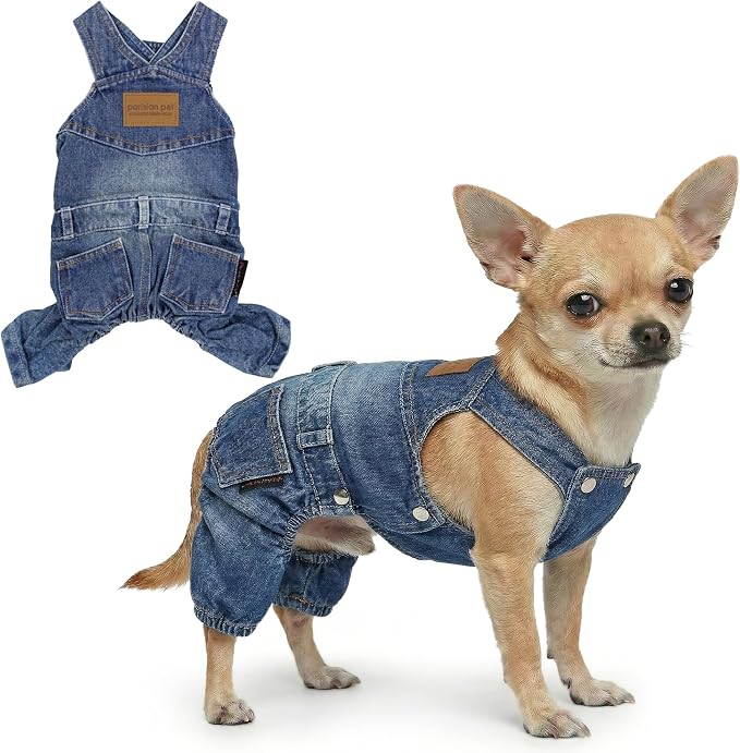 Parisian Pet Dog Overalls - Blue Denim Dog Clothes - Breathable Sling Puppy Jumpsuit - Durable and Trendy Overalls for Dogs - Comfortable Jeans Dog Clothes for Small Dogs - Classy Pet Apparel