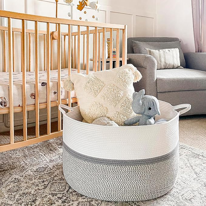 CHICVITA 85L Large Cotton Rope Blanket Basket with Handles, Grey | Woven storage basket for laundry, pillows, toys. Decorative for living room, bedroom, nursery, 22x22x14in