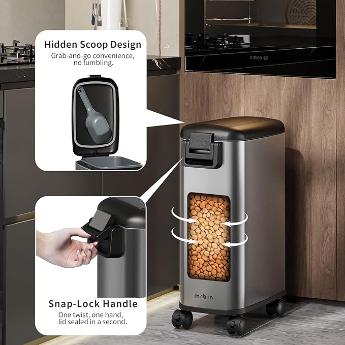 MRBIN Pet Food Storage Bin, Dog Food Bin 12L with Scoop Airtight Pet Food Container Stainless Steel with Wheels, Eclipse Grey