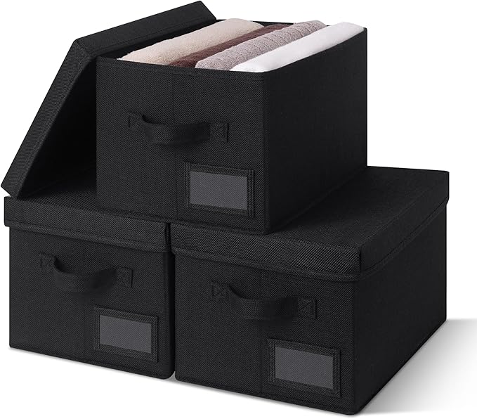 GRANNY SAYS Storage Bins with Lids, Decorative Storage Boxes with Lids | Storage Box with Dust Cover, Handles & Lable, Collapsible, Ideal for Closet Clothes Blanket Toys, Medium, Black, 3-Pack