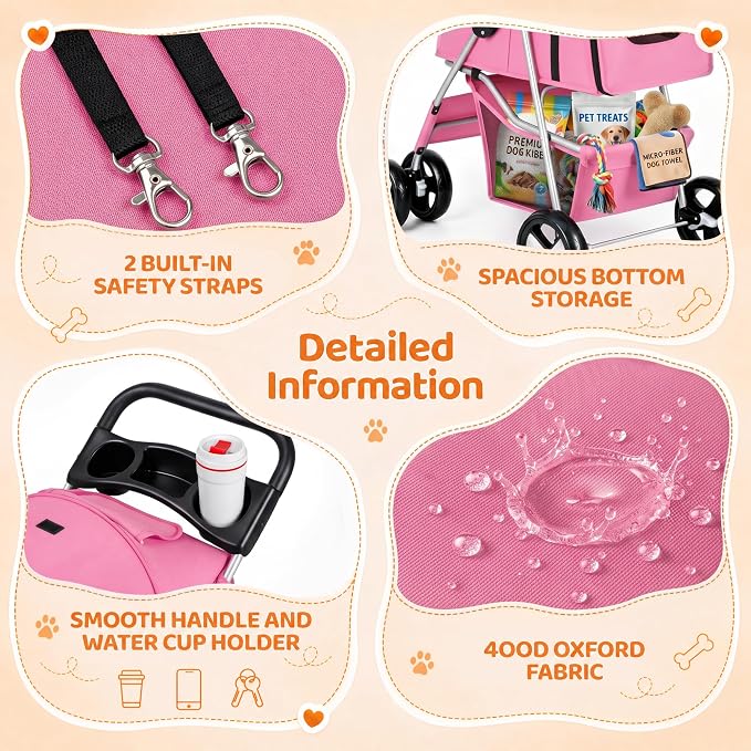 ZENY Foldable Pet Stroller, Cat/Dog Stroller with 4 Wheels | Pet Travel Carrier Strolling Cart with Storage Basket, Cup Holder (Pink)