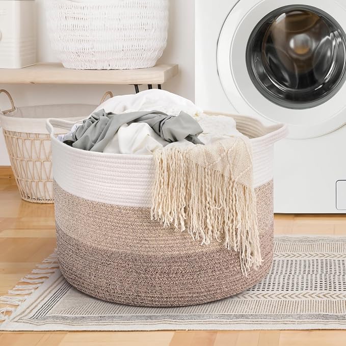 Maliton Woven Rope Blanket Basket Living Room, Storage Toy Basket, 90L | 22"x22"x14" Cotton Rope Basket for blankets, towels & laundry. In Bedroom, Nursery, Bath & Playroom. Soft & durable.
