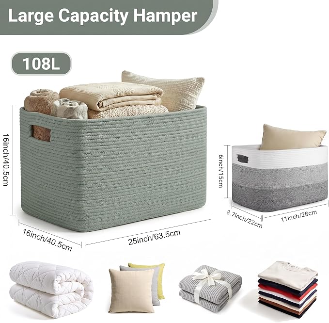 Large Laundry Basket/Hamper, 25"x16"x16" Green Rectangle Basket | Toy Storage Basket, Baby Blanket Basket, With Handle, Shelf Basket, Living Room Organizing