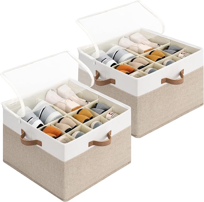 StorageWorks 2-Pack 32-Pair Closet Shoe Storage Organizer, Brown and White | Adjustable Dividers, Holds up to 16 Pairs Each, Foldable, Clear Lid, Soft Handles, Fits Heels, Sandals & Flats, For Bedroom