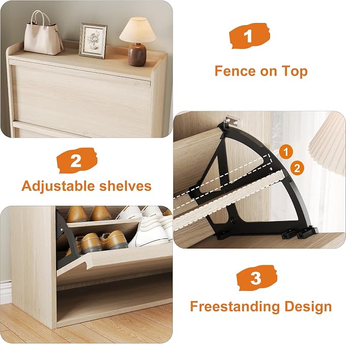GarveeHome Shoe Cabinet with 3 Flip Drawers, Wooden Shoe Organizer Cabinet with Adjustable Shelf, Shoe Storage for Entryway, Hidden Shoe Cabinet for Hallway, Living Room, Natural Oak