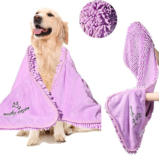 Patas Lague Absorbent Dog Towel for Drying Dogs Large, 35''x15'' Extra Large Microfiber Quick Drying Pet Bath Towel with Hand Pockets, Machine Washable Pet Shammy Lilac