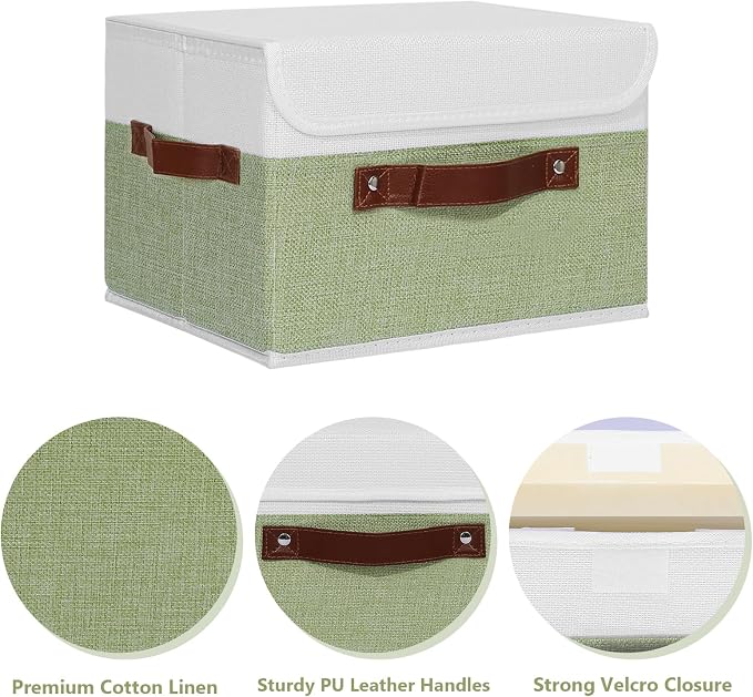 ANMINY Fabric Storage Box Bins with Lids, Green White, 15"x10"x10" | Keepsake Memory Storage, Cotton Linen, PP Board Reinforced, Washable, PU Handles, Foldable & Stackable, Decorative, Large
