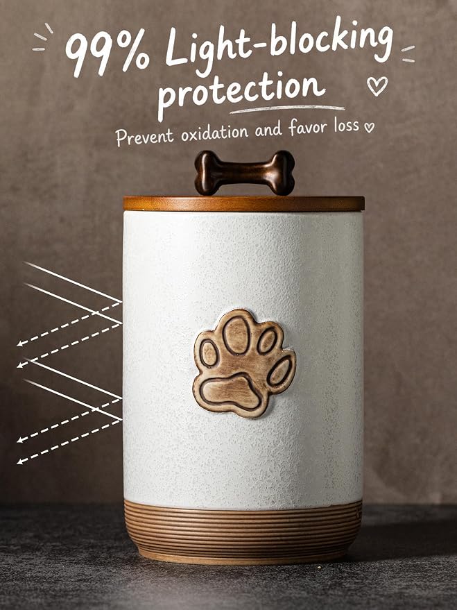 Miamolo Dog Treat Container Airtight Jar with Lid, Keep the Pet Treat Fresh | 8 Cups Small Dog Food Storage Container for Counter | Ceramic Farmhouse Dog Biscuit Jar | Dog Lovers Gift, Paw Glinting White