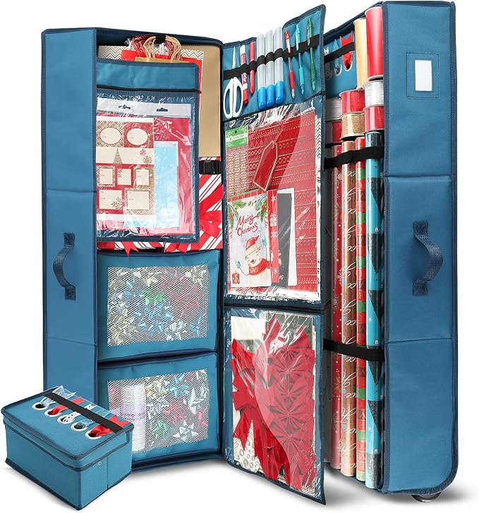Hearth & Harbor Wrapping Paper Storage Container with Ribbon Dispenser and Interior Pockets - Large Christmas Storage Containers with Wheels, Fits 30 Rolls of 40" Length, Blue