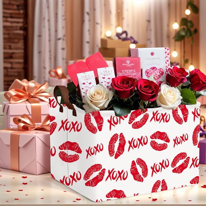 Valentine's Day Basket for Gifts Empty Cute Heart Large Gift Basket Decorative Storage Bin for Kid and Baby Room Décor (XOXO Red Lips)