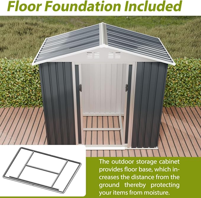 6FT x 4FT Outdoor Sheds Storage Anti-Corrosion Utility Tool House with Lockable Door & Shutter Vents Outdoor Waterproof Garden Tool Metal Storage Sheds（with Metal Foundation）