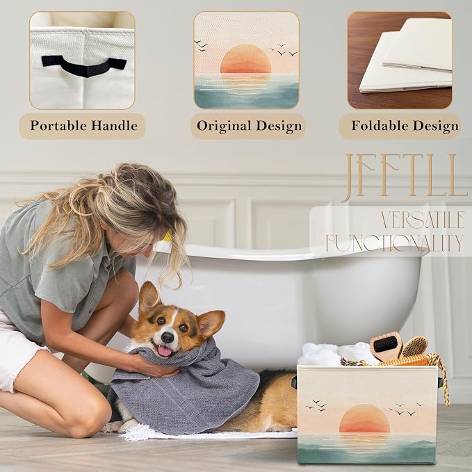 Boho Coastal Beach Sunset Storage Bins with Handles, Watercolor Coastal Ocean Landscape Collapsible Laundry Basket Storage Box for Home Bedroom Bathroom Clothes Toys Books