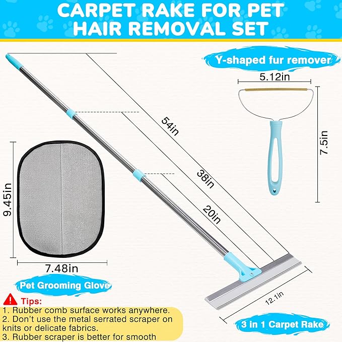 vorona Carpet Rake for Pet Hair Removal, 3 in 1 Pet Hair Removal Broom Tool with 54" Adjustable Long Handle, Reusable Dog & Cat Carpet Scraper,Pet Hair Remover for Rugs, Mats, Curtains, Couch