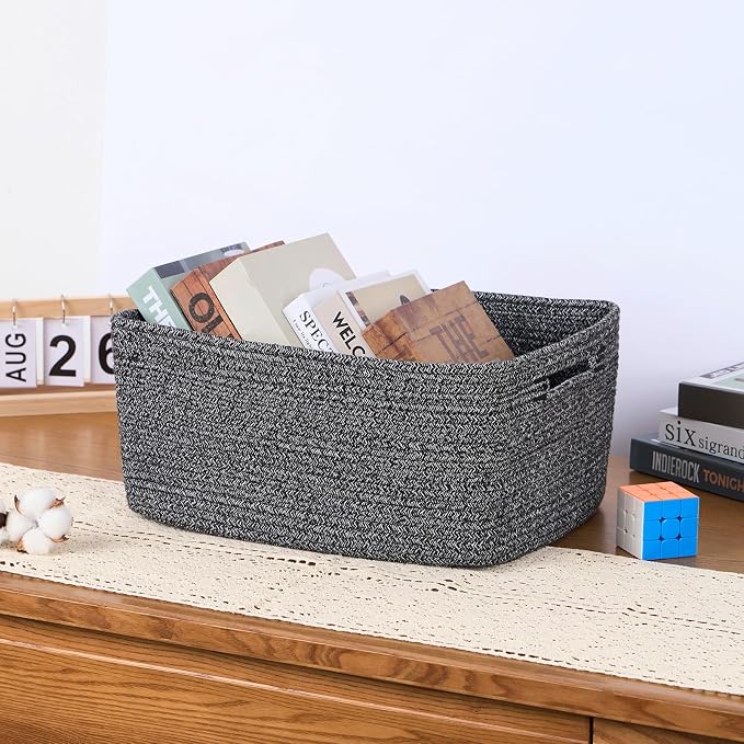 MiniArk Large Storage Baskets for Organizing, 17 x 13 x 7.5” Closet Shelf Baskets for Clothes Blanket Towels, Baby Nursery, Toy Bins Box, Woven Rope Baskets, 4 Packs Dark Gray