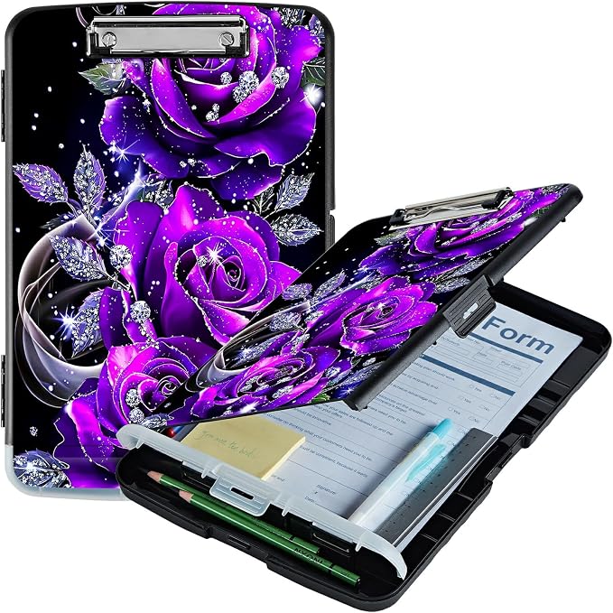 Purple Rose 01 A4 Clipboard with Storage Pen Holder, Clipboards Organizer Nursing Clipboard Foldable File Folder Plastic Clipboard Folio Clip Board for Office Students Classroom Doctor