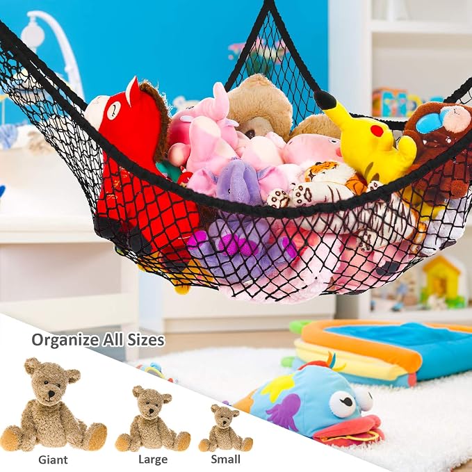 Toy Hammock for Stuffed Animals, Stuffed Animal Hammock Net Jumbo Plush Toy Storage Cornet Net 70" Wall Sling Large Teddy Bear Storage Organizer Black