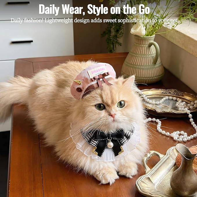 Elegant Lace Cat Collar, Adjustable Pet Bow Tie Bib for Small Dogs and Cats, Cute Princess Pearl Scarf Outfit for Wedding Party Photoshoots（S 4.4-6.6 lbs ）