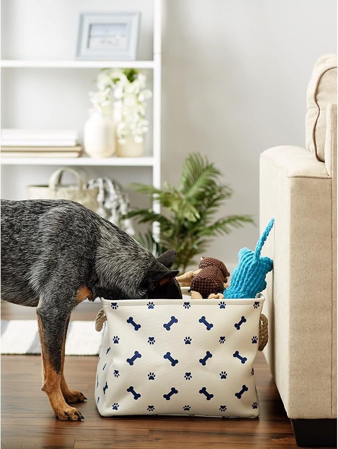 Bone Dry Pet Storage Collection Paw and Bone Print, Small Rectangle, 14x8x9", Nautical Blue