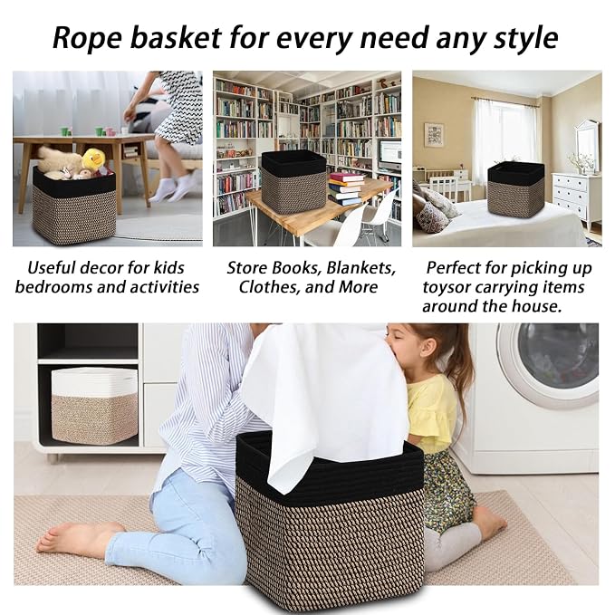 COMFY-HOMI 3PACK Cotton Rope Square Basket with Handles for Shelves|Dog Toy Bin and Storage|Baby Gift|Shoe Organizer|New 11" x 11" x 11" for Living Room