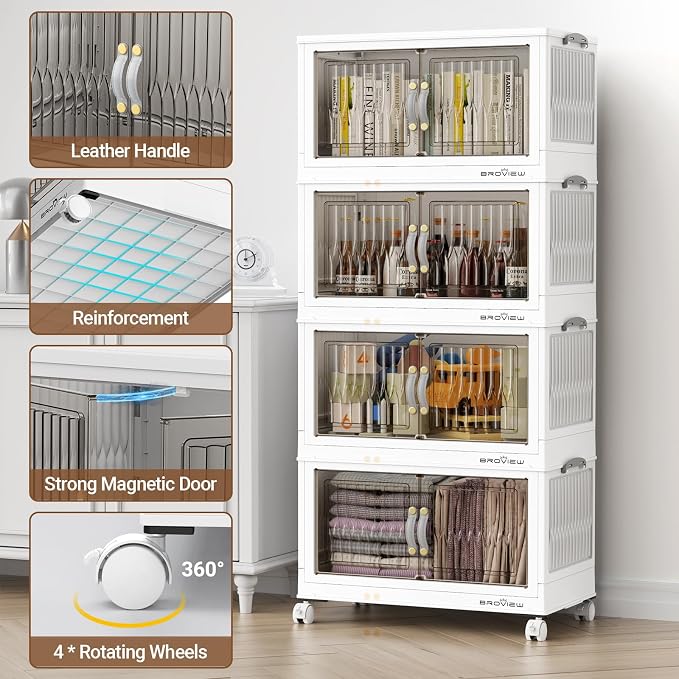 BROVIEW 240Qt Stackable Storage Bins with Lid for Home Dorm, 4Pack White | Closet Organizers, Foldable & Collapsible Cabinets, Large Containers, Wheels & Magnetic Doors, Plastic Drawers for School