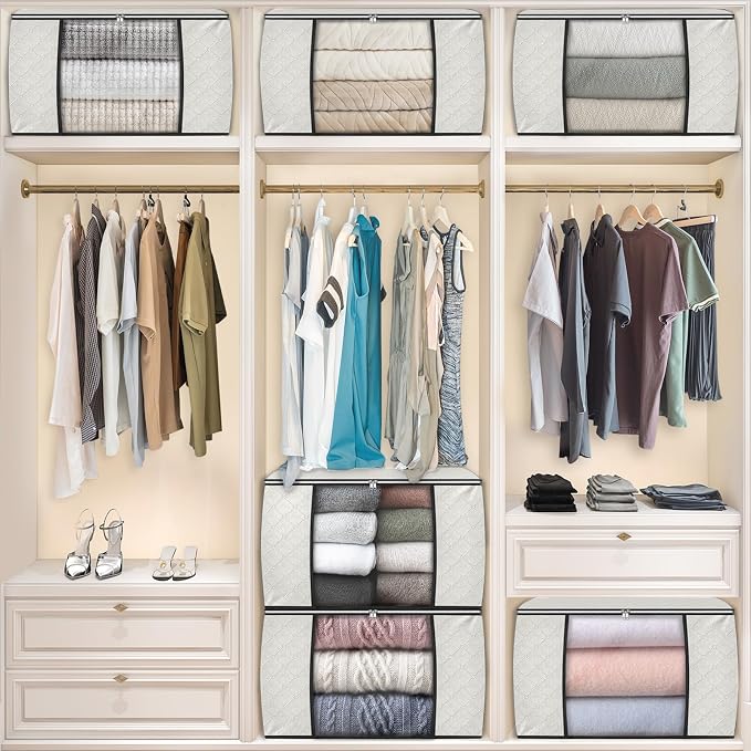 90L Clothes Storage, Foldable Thick Fabric Blanket Storage Bags | Foldable Containers with Zippers,Window and Handles for Organizing Bedroom, Closet, Comforter, Bedding,Dorm essentials