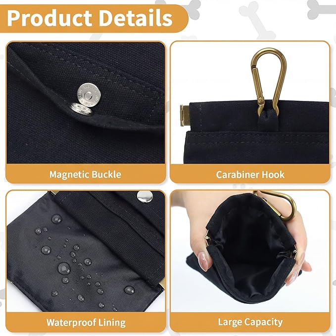 Dog Treat Pouch for Pet Training, Carabiner & Magnetic Buckle, Black | Hand Free Dog Training Treat Bag, Auto Closing Dog Walking Bag for Puppy Travel or Outdoor Use, Pet Feed Snack Reward Pocket
