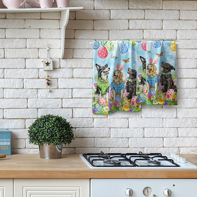 Giwawa Easter Dog Hand Towel Set of 2 Colorful Eggs Hunt Towel Spring Floral Funny Puppy Quick Drying Soft Dish Wash Tea Bar Cloth Decoration for Hotel Bathroom Gym Home
