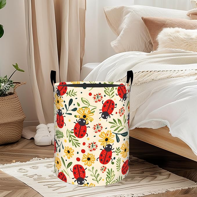 Cute Ladybug Laundry Basket, Oxford Cloth Cartoon Whimsical Dirty Clothes Collapsible Hamper for Room Decor, Floral Insect Print Gifts Toy Organizer 19.7 * 15.7 Inch for Bedroom Bathroom Dorm