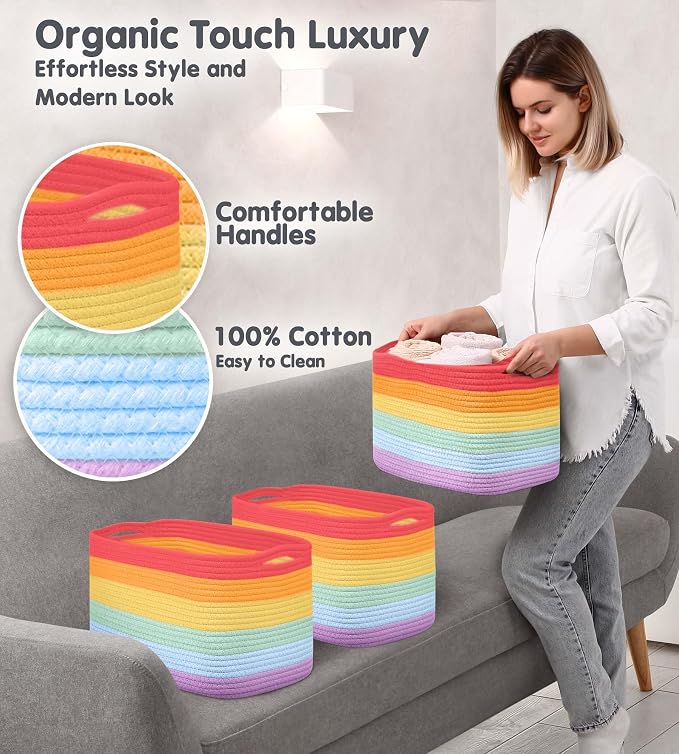CHAT BLANC Cotton Rope Baskets for Organizing, Shelves, Toys, Storage, Shoe, Bathroom, Laundry, Towel, Nursery, Home Decor, Blanket, Cloth Woven Bins Fabric (Rainbow, 15"x10"x9")