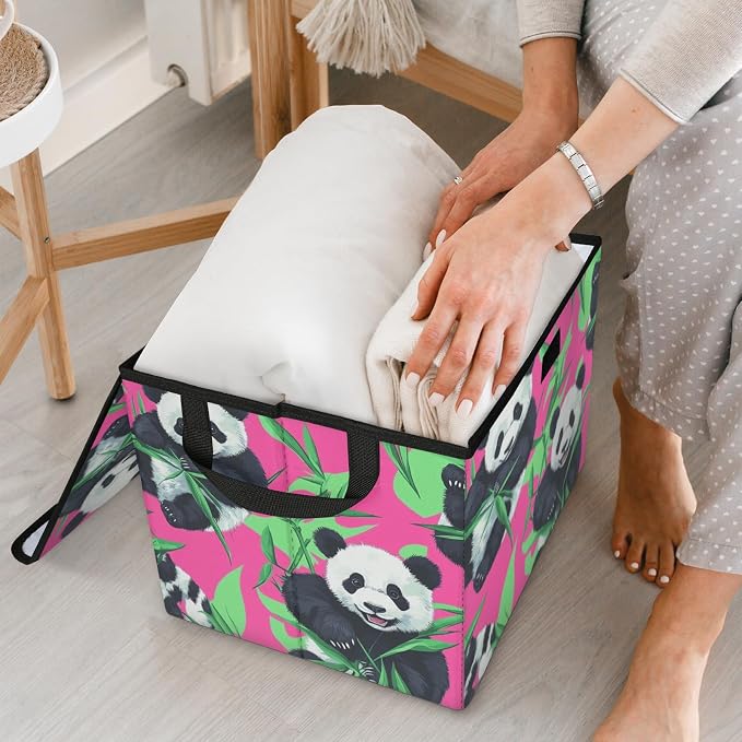 Panda Storage Bins with Lids, Bamboo Foldable Storage Boxes with Carrying Handle Organizer Containers Baskets Cube for Home Bedroom Closet
