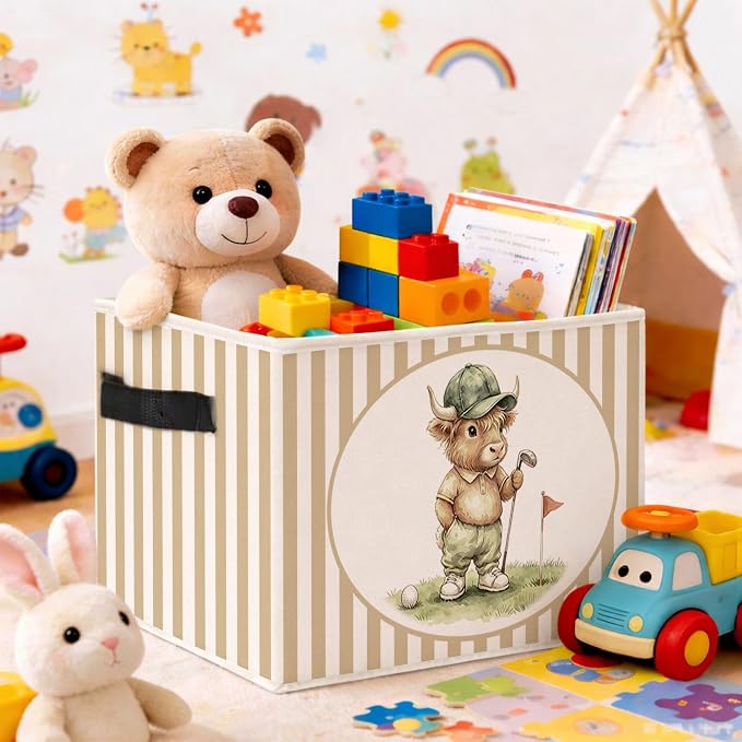 Highland Cow Storage Bin, Foldable Fabric Basket for Kids Room | Foldable fabric storage bin with golf cow design for toys, books, clothes, nursery, bedroom, and playroom use.