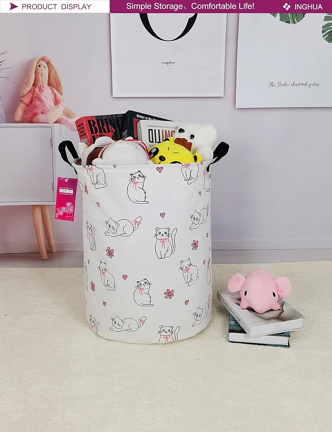 Laundry Hamper Large Canvas Fabric Storage Basket Love cat | Organizer Bin Dirty Clothes Collapsible Waterproof for College Dorms, Boys and Girls Bedroom,Bathroom