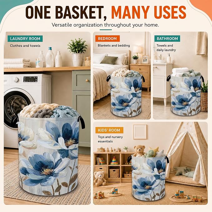 Blue Flower Laundry Basket,Flower on Marble Foldable Oxford Laundry Hamper with Handles,Collapsible Clothes Storage Basket for Bedroom,Bathroom,or Laundry Room,20.8 x 16 Inches